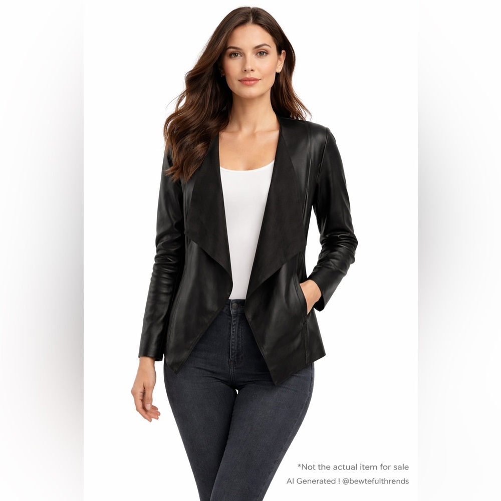 Cleo Petite M Black Waterfall Faux Leather Open Jacket NWT
